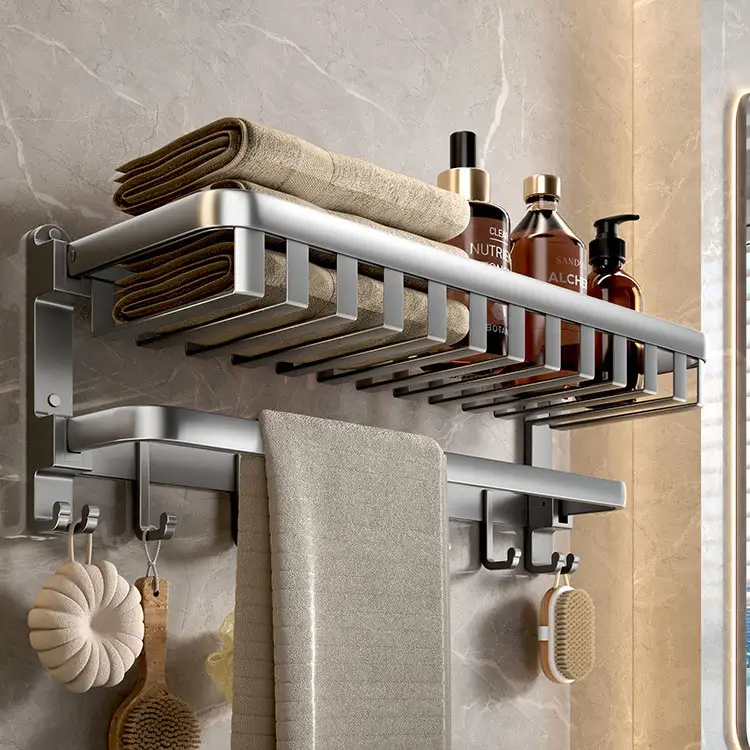 Hot Selling Bathroom Towel Rack Shelf Accessories Set Aluminium Towel Bar With Shelf