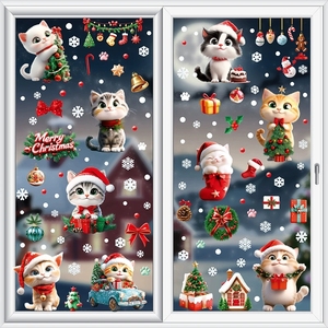 Juego de 9 Adhesivos Estáticos para Ventanas con Diseño de Gatos Navideños, con Lazos Rojos, Estrellas y Copos de Nieve, para Decoración Navideña de Vidrio - Product Image 1