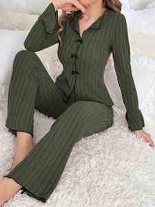 Ensemble de pyjama décontracté Maxfree pour femme, manches longues et pantalon, couleur unie avec nœud, vêtements de nuit automne-hiver, tenue d'intérieur - Product Image 6