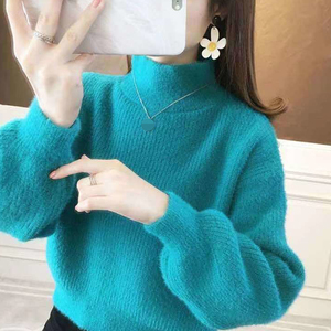 Nuevo Suéter Corto de Moda para Mujer Otoño Invierno con Cuello Alto, <span class=keywords><strong>Manga</strong></span> <span class=keywords><strong>Abullonada</strong></span>, Forro Polar Esponjoso, Holgado, Casual, de <span class=keywords><strong>Punto</strong></span> y Cálido - Product Image 5