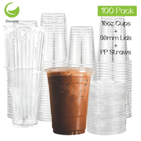 Lot de 100 gobelets jetables transparents de 16 oz pour boissons glacées, avec paille et couvercle, qualité alimentaire, idéal pour pique-niques, mariages et boissons froides