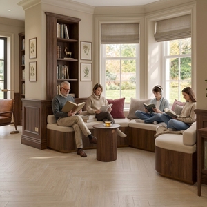 VIQ Minimalist Corner <b>Bench</b> Custom Upholstered Wooden Seating <b>Bench</b> For Living Room Reading Nook Cafe Hotel Lobby Furniture - Product Image 1
