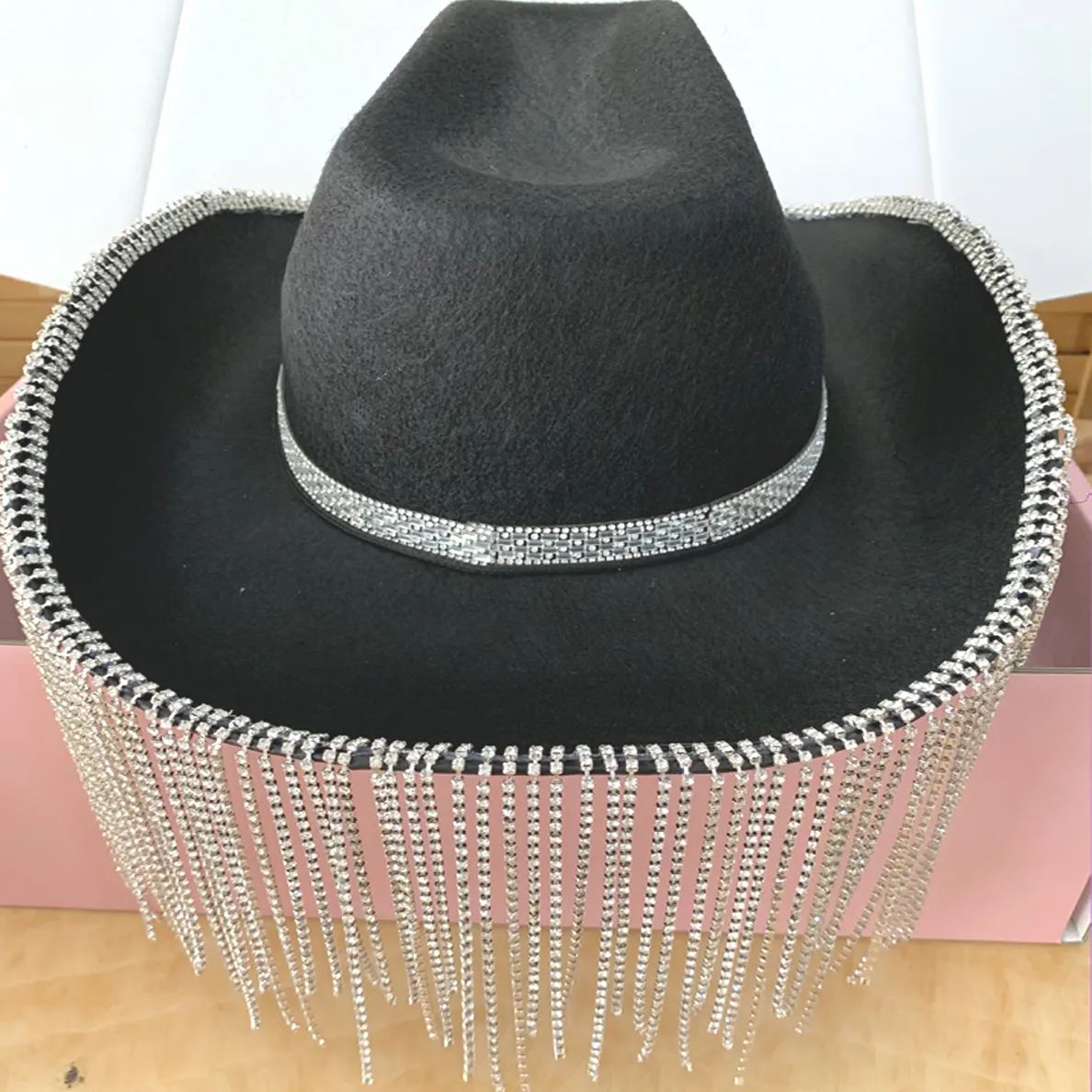 Sombrero de vaquera con diamantes de imitación, sombrero de vaquero con flecos de diamantes, sombrero de vaquero con purpurina occidental para hombres y mujeres, disfraz de fiesta de Cosplay (negro