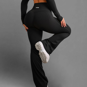 MIQI, pantalones ajustados de pierna ancha para gimnasio, mallas activas de entrenamiento de cintura alta para levantamiento de glúteos, mallas de Yoga acampanadas para mujer - Product Image 6