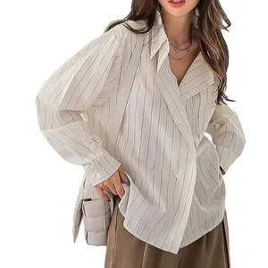 Moda de alta calidad estilo coreano mujer manga larga suelta raya más tamaño pesado camisas blancas