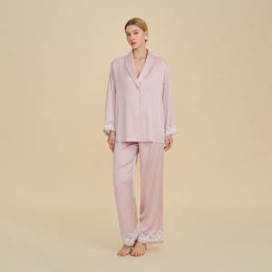 Ensemble de pyjama en satin pour femmes, pantalon à manches longues, rose pêche, vêtements de nuit pour la maison - Product Image 1