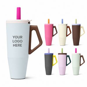 แก้วกาแฟแบบพกพา 40 ออนซ์ ป้องกันการรั่วซึม สำหรับเดินทางกลางแจ้ง ผนังสองชั้นสุญญากาศ สแตนเลสสตีล พร้อมหูจับและหลอดดูด สกรีนโลโก้ได้ - Product Image 1