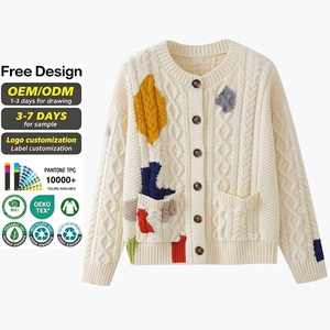 Cardigan da Donna Antirughe in Puro Cotone 100% Lavorato a <span class=keywords><strong>Maglia</strong></span> Spessa, Collo a O, Chiusura con Bottoni e Pizzo, Lavorazione a Trecce - Product Image 1