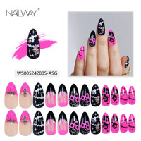 Ongles en gel souple à presser Nailway, forme stiletto rose et noir, design fantôme brillant pour Halloween, couverture complète des ongles