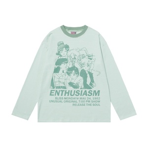เสื้อยืดคุณภาพสูง เสื้อยืดแขนยาวทรงหลวมสไตล์อเมริกันสำหรับผู้หญิง ลายทางและลายการ์ตูน - Product Image 2