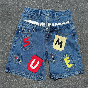 מכנסי ג'ינס קצרים לגברים בסגנון רחוב קיצי עם רקמת אותיות תלת-ממדית, היפ הופ, פאנק, ג'ינס שטוף חומצה, מותן כפול, בגזרה רחבה - Product Image 1