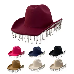 새로운 스타일 화이트 블랙 신부 라인 석 모자 다이아몬드 프린지가있는 경량 신부 카우걸 모자