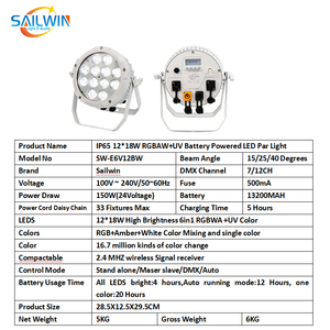 Luz LED Par RGBWAUV <span class=keywords><strong>de</strong></span> 12x18W IP65 con Batería, DMX Inalámbrico, para Eventos al Aire Libre, STOCK CE EU - Product Image 5
