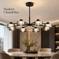 Lustre moderne noir à 8 lumières avec abat-jour en verre fumé LED, idéal pour salle à manger, salon, hôtel, salon, réception, décoration