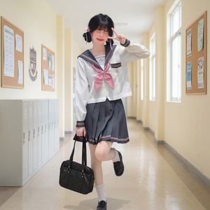Ensemble uniforme scolaire blanc pour filles avec nœud rose et jupe plissée en polyester tissé, uniforme de lycée pour enfants - Product Image 4