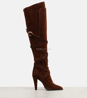 Bottes en daim de qualité supérieure en cuir de veau lisse, talon de 80 mm, fermeture éclair latérale / lacets, hauteur genou, bottes de luxe pour femmes, couleur marron, modèle Chaka