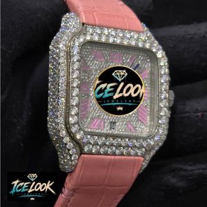 Montre à quartz carrée de luxe ICE LOOK pour femme, bracelet en cuir rose, cadran incrusté de diamants, affichage analogique de la date, boîtier en acier inoxydable de 34 mm - Product Image 3