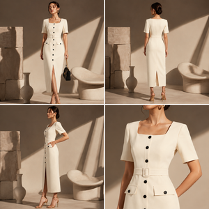 Vestido Elegante Personalizado Color Beige, Cuello Cuadrado, Manga Corta, Cintura Alta, Largo Midi, Botones al Frente, Detalle de Abertura Lateral, Ropa de Oficina - Product Image 2