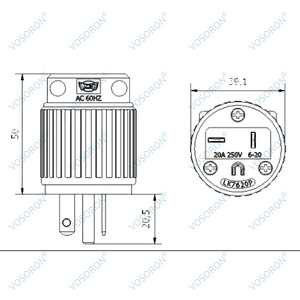 NEMA 6-20p thẳng lưỡi thay thế cắm kết nối, nam mở rộng dây kết thúc, 20 AMP, 250 Volt, 2 cực, 3 dây nối đất - Product Image 6