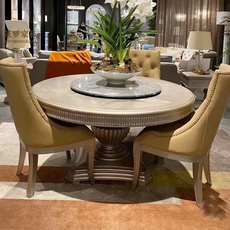 Новый деревянный дизайн столовая кухонная мебель мраморная каменная столешница круглый обеденный стол набор