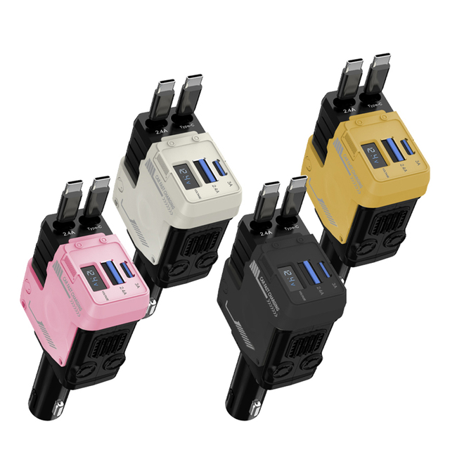 New Trendy Universal Retractable Cable Super Fast Charger Metal Digital 4 in 1 Car Charger USB+PD Type-C Charging Adapter