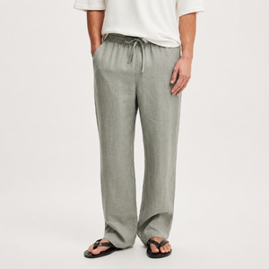 Pantaloni da Uomo in <span class=keywords><strong>Lino</strong></span> <span class=keywords><strong>Verde</strong></span> con Elastico in Vita, Gamba Larga, Casual, Stile Resort, Produzione OEM - Product Image 1