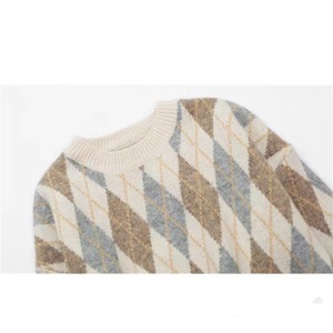 Pull en tricot à motif diamant pour femme, mi-long, coupe ample, en coton épais et chaud, pour l'automne et l'hiver - Product Image 2