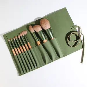 Private Label Fashion 10 Pcs Avocado Green Super Luxury Wood Handle Artist Make Up Brushes With Pu Bag