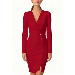 เดรสทรงเข้ารูปสีพื้นแขนยาวติดกระดุมผ่าหน้าสำหรับผู้หญิงสำหรับแฟชั่นฤดูใบไม้ร่วง - Product Image 1