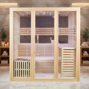 Salle de sauna électrique moderne intérieure avec panneau de commande informatique, en cèdre rouge/hemlock, capacité 4 personnes - Product Image 1