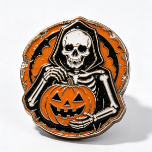 Halloween Skeleton Holding Pumpkin Hard Enamel Metal <b>Pin</b> Gold Plated Irregular Shape Folk Art Collectible - Product Image 2