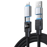 Câble d'alimentation 4 en 1 à charge rapide en nylon USB-A Type-C avec affichage numérique LED 100W, entièrement compatible avec les téléphones iPhone, les ordinateurs portables Android et les écouteurs