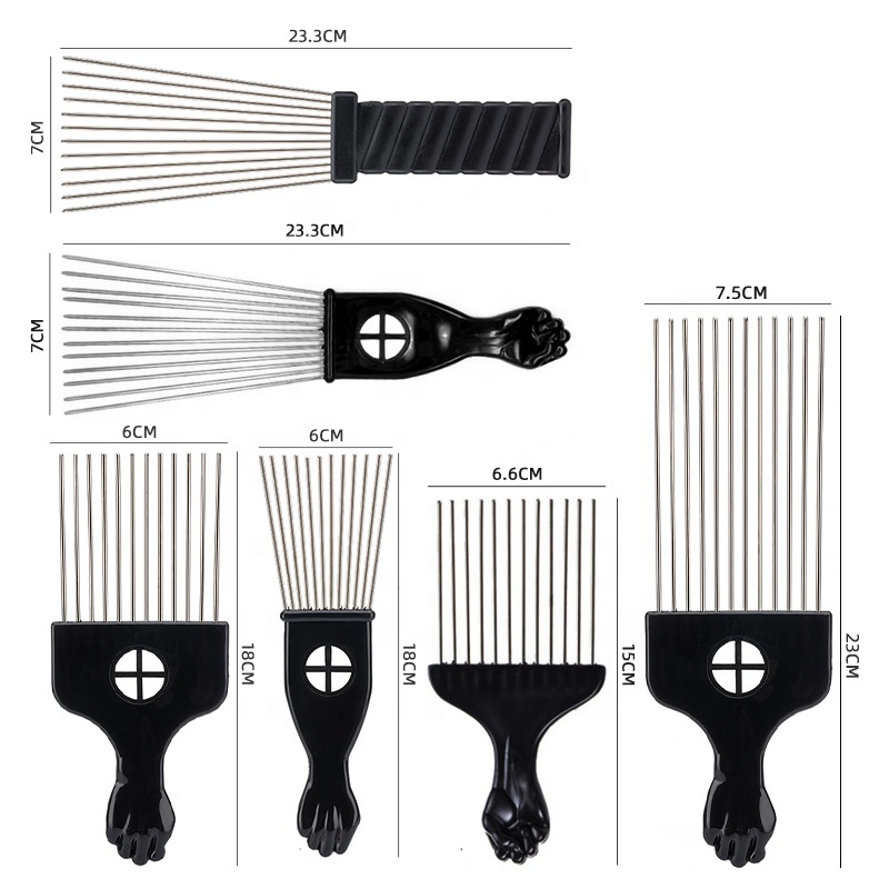 Grosir Populer Sisir Afro PP Plastik Kepalan Hitam Logam Sisir Garpu Rambut Stainless Steel Pin Rambut Pilih Sisir Afro