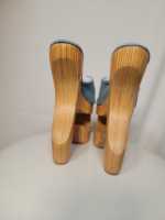 Sandales mules en jean bleu clair pour femme, à talon haut sculpté en bois, plateforme, ornées de dentelle, chaussures de soirée décontractées et avant-gardistes