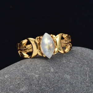 Anillo Marquise de Piedra Lunar Arcoíris, Plata de Ley 925, Chapado en Oro, Gema Hecha a Mano, Joyería Boho, Anillo de Compromiso para Mujer, Moku - Product Image 1