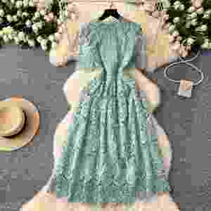 Vestido Midi Casual de Verano Estilo Vintage para Mujer, Manga Corta, Corte Imperio, con Encaje Calado, Color Negro - Product Image 2