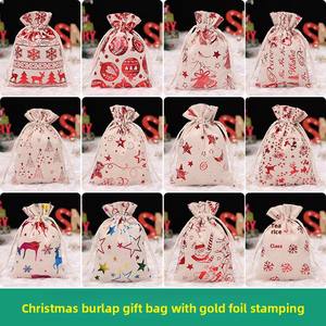 Sac à cordon en lin de Noël imprimé en relief Sac cadeau de bonbons en coton cousu 10x14cm Marque écologique ONE FLOWER pour les vacances - Product Image 3