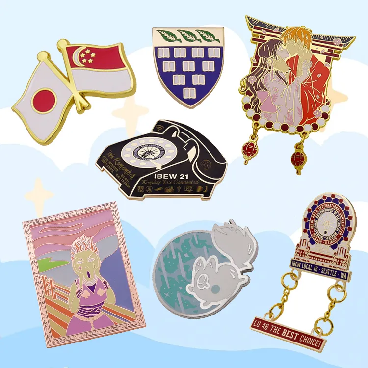 Venta al por mayor sin alfileres metálicos mínimos broche chapado en oro Anime esmalte duro solapa insignia fabricante personalizado esmalte Pin con cadena