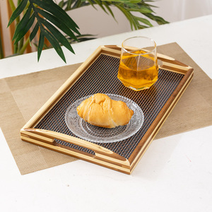 Retro Bamboo Imitation Rattan <b>Tea</b> <b>Tray</b> Polka Dot Rectangular Serving <b>Tray</b> For Home Coffee Shop Bread Pastry Storage - Product Image 2