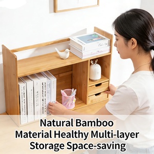 Étagère ouverte moderne en bambou à trois niveaux, support de rangement extensible pour bureau, classeur, magazines, CD, avec 2 tiroirs - Product Image 4