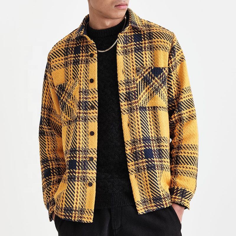 Mens Regular Fit Two Front Patch Pockets Recycled Cotton Overshirt Yellow  Dag Check Buttoned up Shirts Jackets for Mens