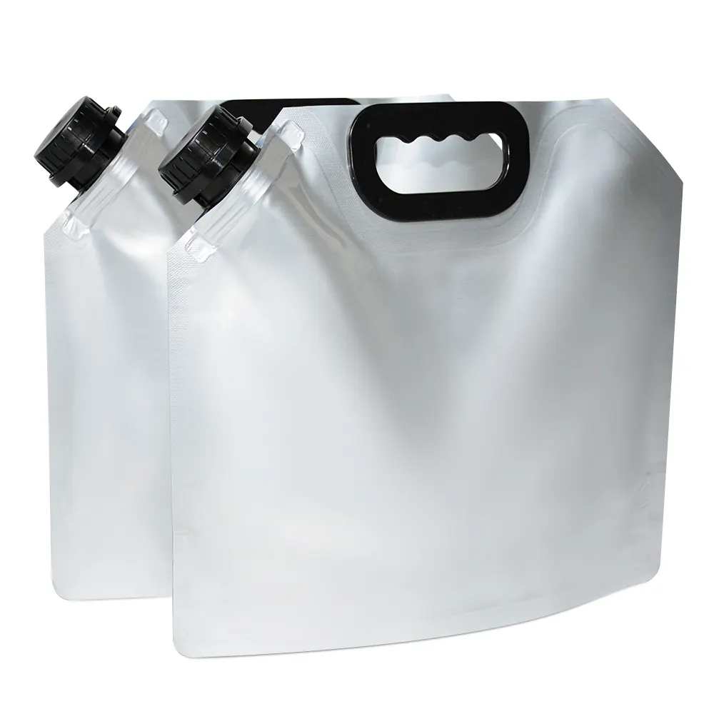 Recarga de impresión personalizada Boquilla de plástico de grado alimenticio Bolsa Doypack Bolsa de pie de aluminio plateado 2.5L 5L Bolsa de boquilla con asa