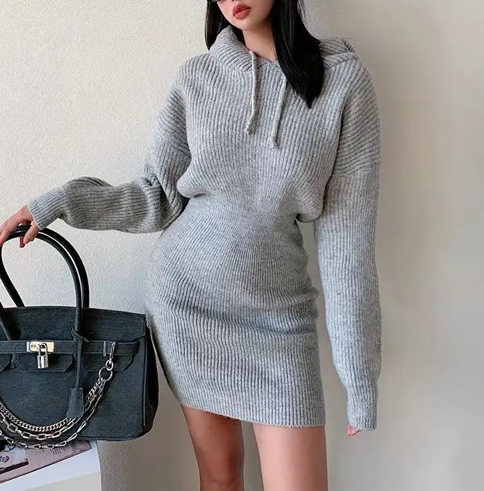 Зима 2020, стильное Повседневное трикотажное женское платье с длинным рукавом, корейское платье-свитер с капюшоном, облегающее винтажное однотонное окрашенное платье