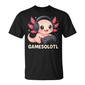 Camiseta Gamesolotl Axolotl Gamer Negra Unisex para Adultos, Cuello Redondo, Manga Corta, Impresión Digital, Diseño de Anime para Juegos - Product Image 1