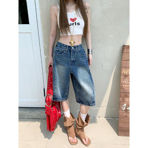 Jin Jing's Retro American Washed Denim <b>Shorts</b> for <b>Women</b> High Waist Versatile Loose Straight Pants New Summer Styles - Product Image 2