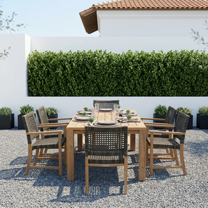 Ensemble de table à manger d'extérieur en teck moderne avec chaises tressées, meubles de patio pour villa, hôtel, complexe hôtelier - Product Image 3