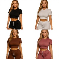 Nouvel ensemble short 2 pièces style anglais d'été, très extensible, amincissant, avec haut court à manches courtes pour femme