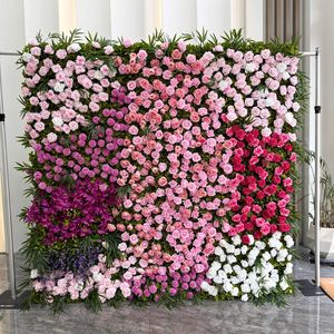 Mur de fleurs artificielles en tissu enroulable Rose Rouge, Décoration de fond mural de fleurs artificielles, Mur de fleurs rouges avec feuilles vertes - Product Image 1