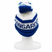 Bonnet en tricot jacquard color block personnalisé 100 % acrylique avec pompon et patch citron, idéal pour l'hiver, le jogging en extérieur, les sports et l'encouragement.