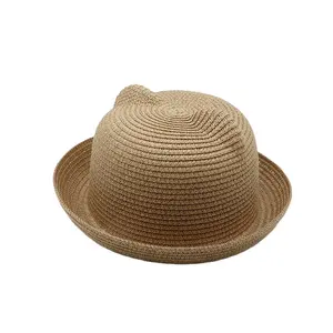 Chapeau d'été en paille anti-UV pour enfants, chapeau d'été à oreilles de chat pour filles et garçons